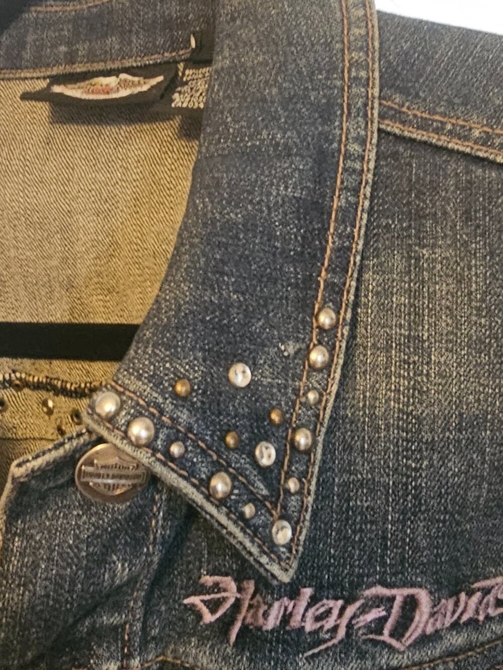 Harley Davidson Womens M Rhinestone Studded Denim Jacket Bling Wings - Picture 5 of 12